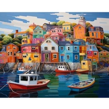 5d Diamond painting The Houses & The River full round drill 50*60  لوحة البيوت والبحر رسم بالماس