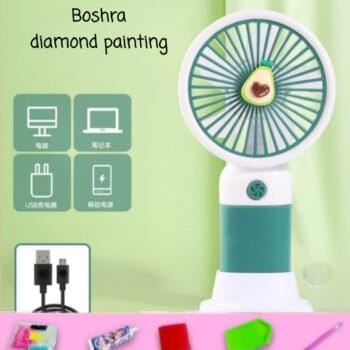 Boshra Diamond Painting Egypt Hand Fan مروحة يد اخضر وابيض رسم بالماس