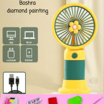Boshra Diamond Painting Egypt Hand Fan مروحة يد اصفر واخضر رسم بالماس